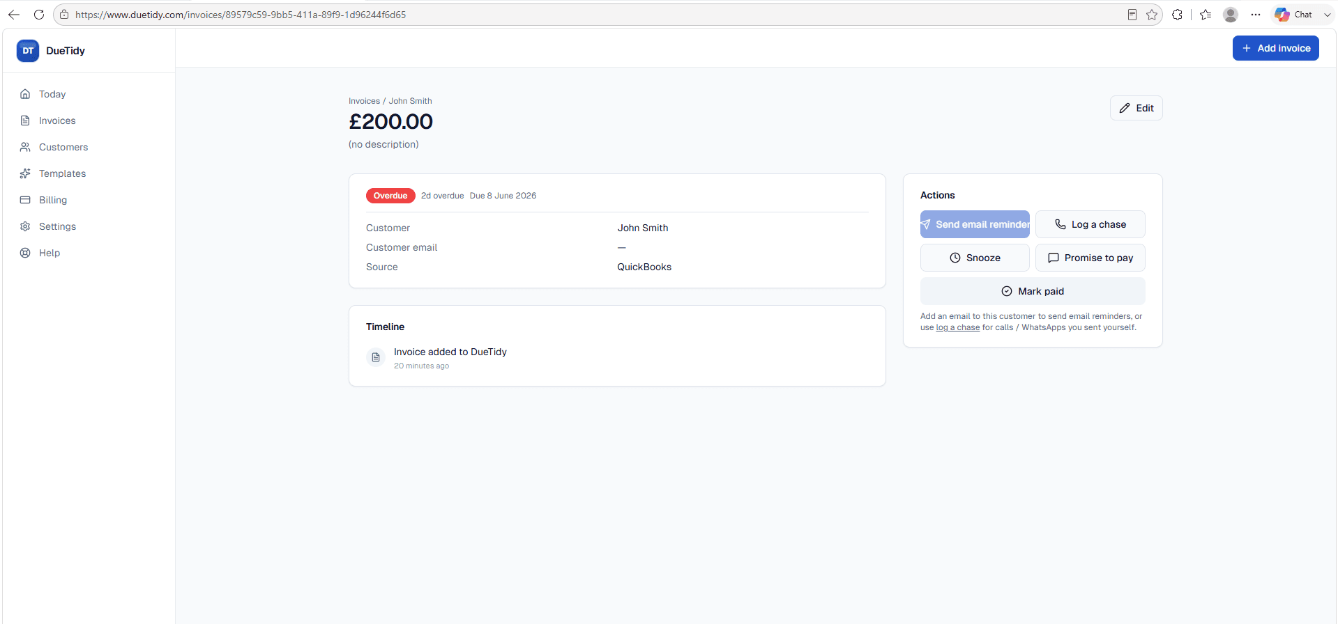 DueTidy invoice page showing an overdue invoice with Send reminder, Log a chase, Snooze, Promise to pay and Mark paid actions