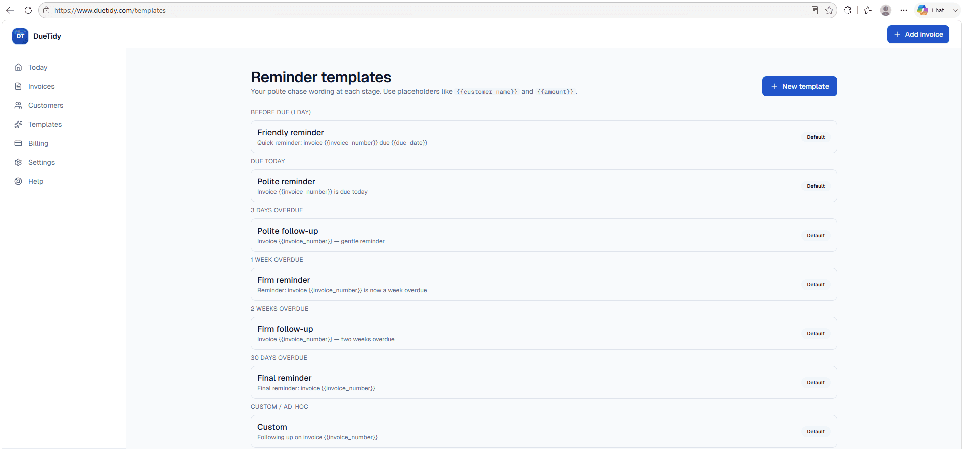 DueTidy templates page showing the six pre-loaded polite reminder wordings